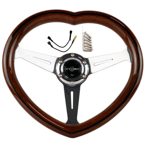 340mm Heart Shape Solid Wooden Chrome Steering Wheel JDM Performance