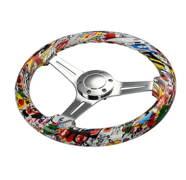 Solid Wood Sticker Bomb JDM Steering Wheel