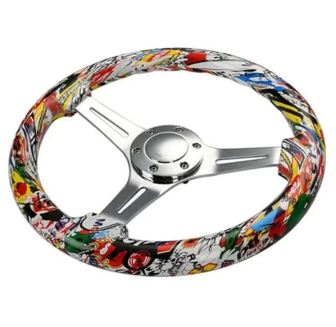 Solid Wood Sticker Bomb JDM Steering Wheel